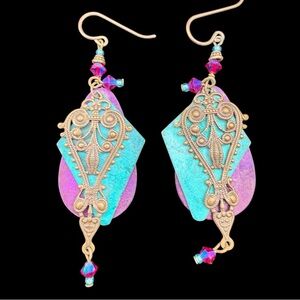 Vintage 90s Boho Filigree Turquoise & Purple Dangle Earrings